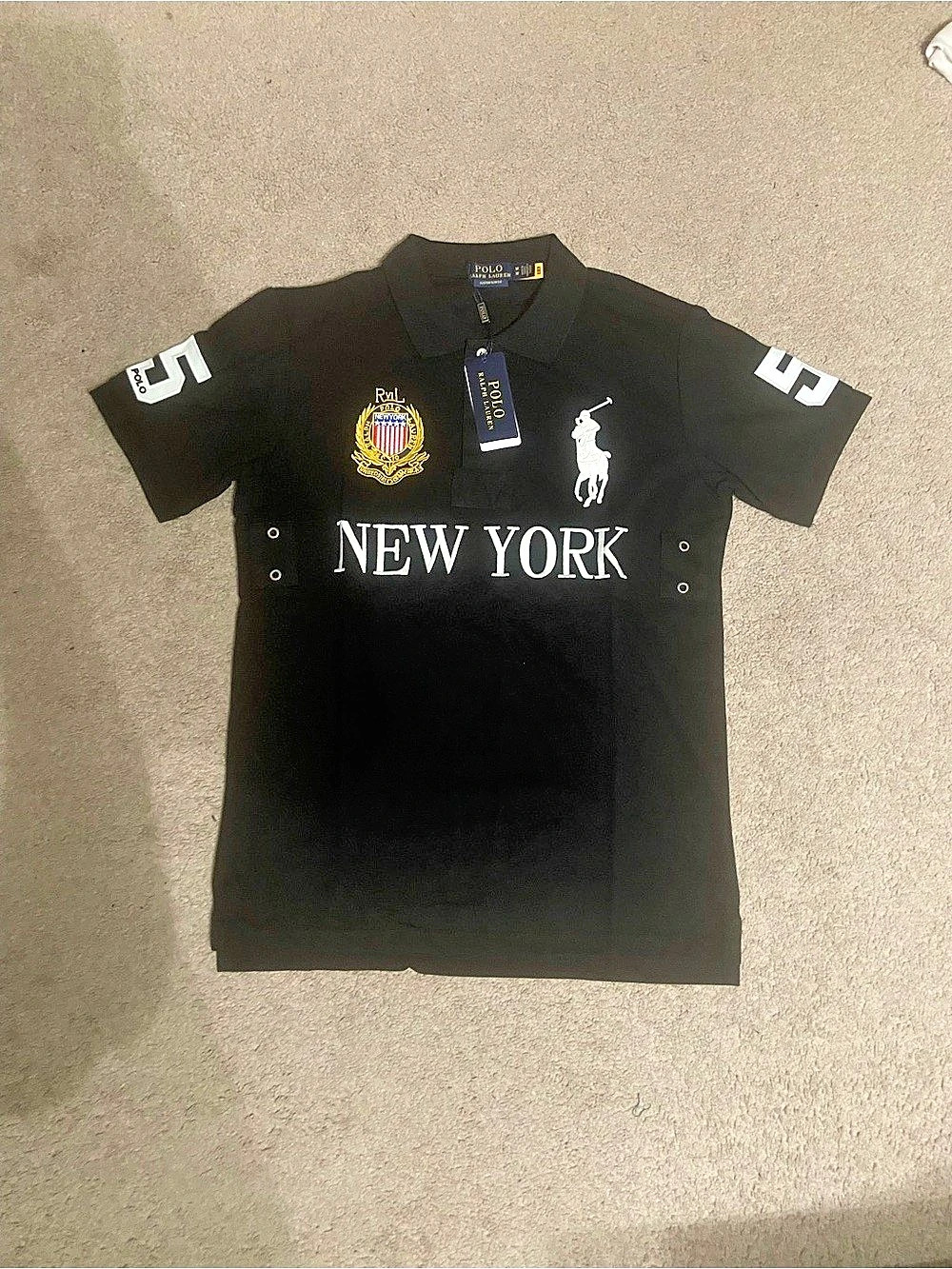 Polo Ralph Lauren Slim Fit New York Crest Big Pony Polo Shirt Black & White Medi